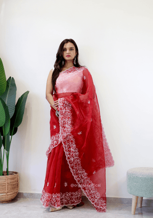 Red Colour Embroidery Thread Work Saree - Orgenza Store - digisoch
