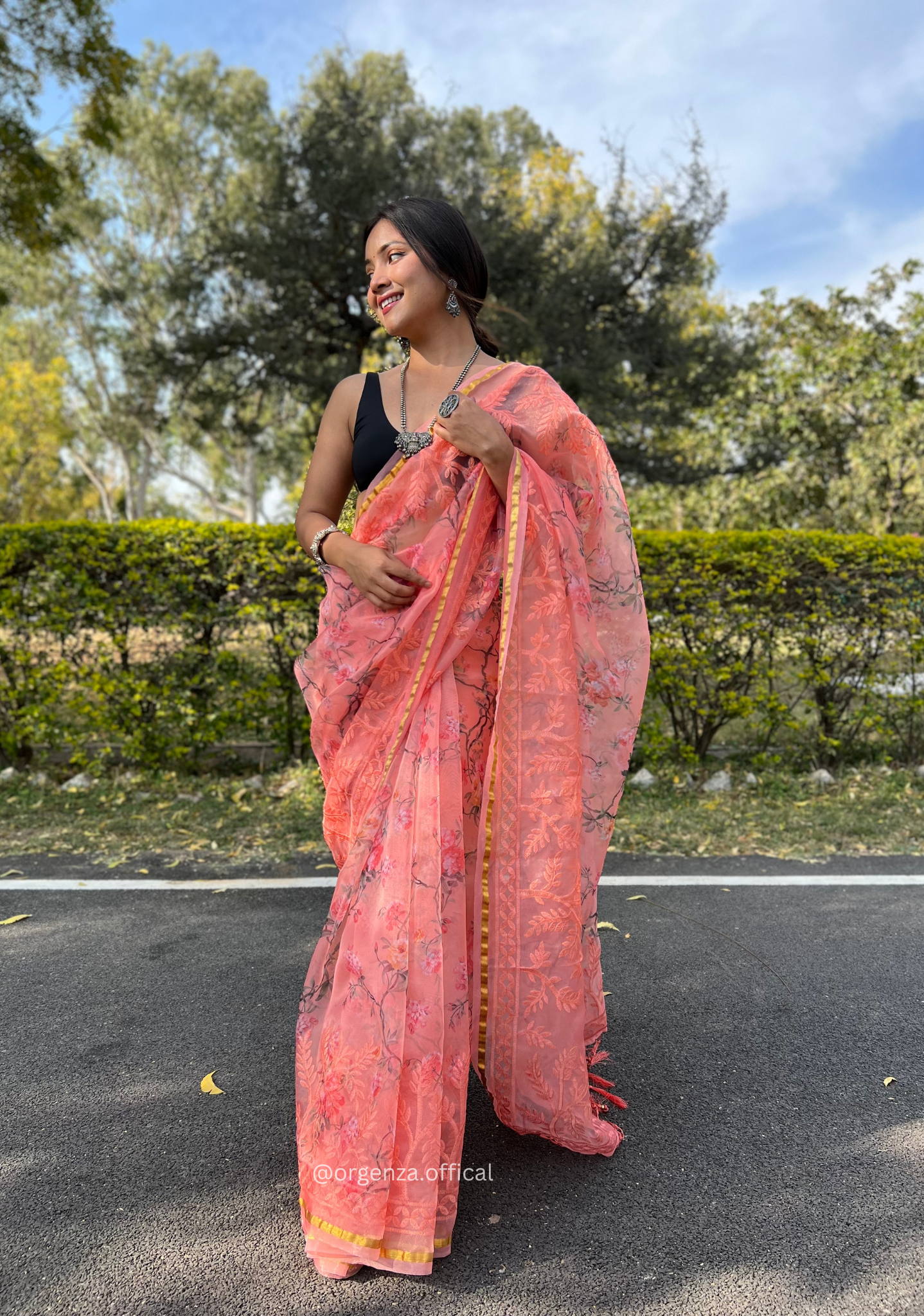 Peach Colour Organza Silk Saree With Thread Work - Orgenza Store