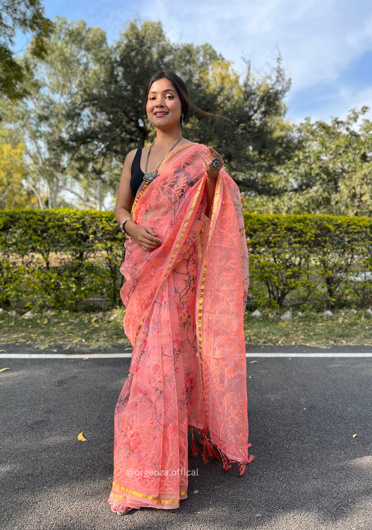 Peach Colour Organza Silk Saree With Thread Work - Orgenza Store