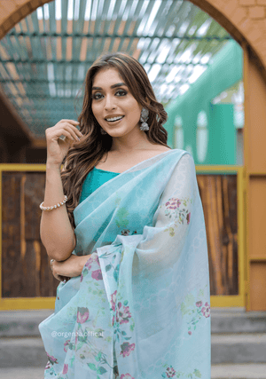 Multi Sky Colour Flower Digital Print Saree - Orgenza Store - digisoch