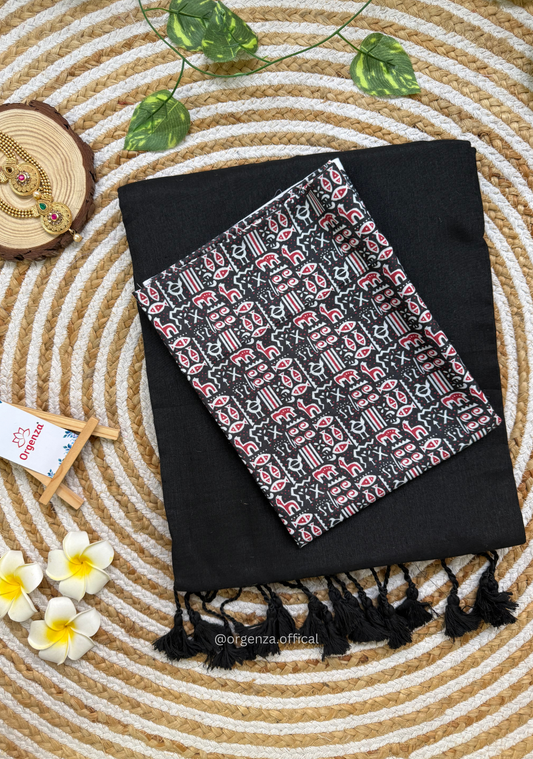 Black Colour Cotton Saree With Multi Print Blouse