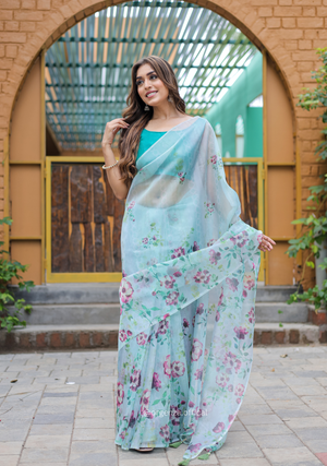 Multi Sky Colour Flower Digital Print Saree - Orgenza Store - digisoch