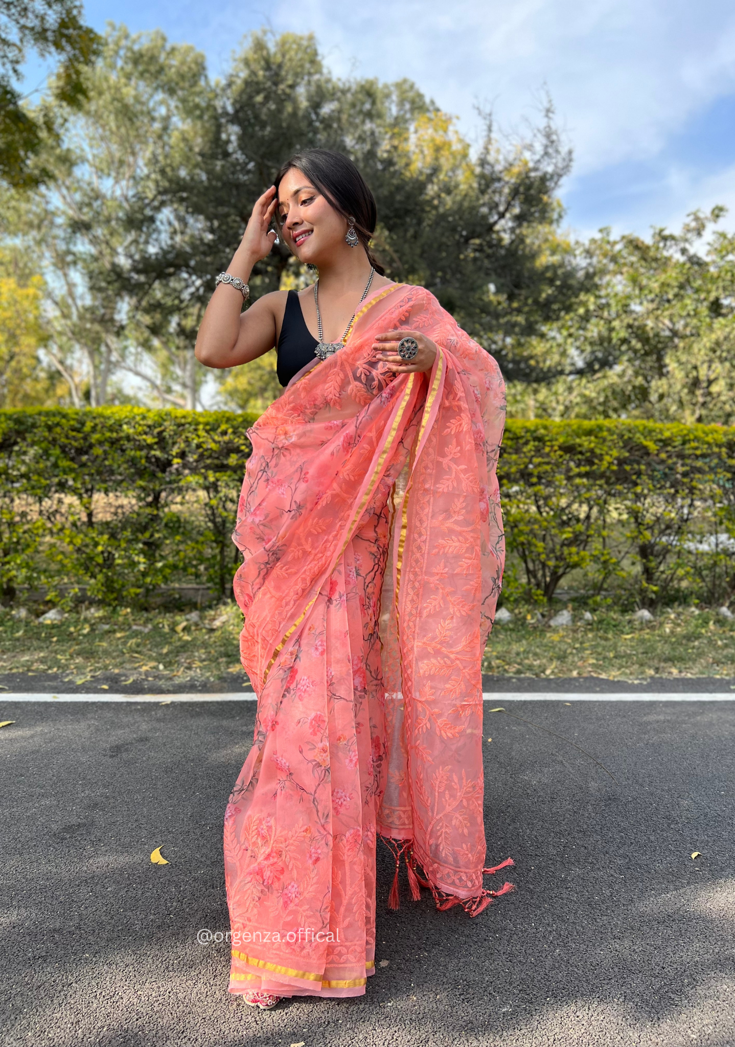 Peach Colour Organza Silk Saree With Thread Work - Orgenza Store