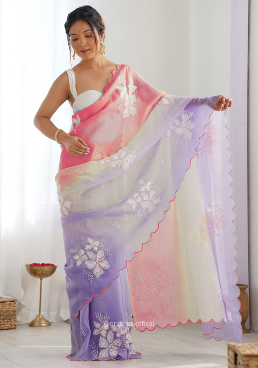 Peach Lavender Gold Crush Silk Saree