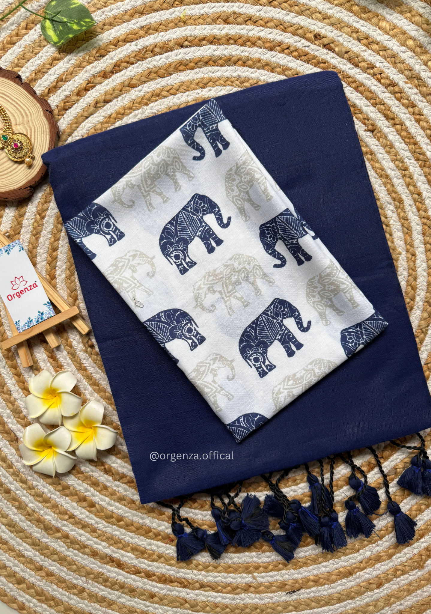 Navy Blue Colour Cotton Saree With Elephant Print Blouse