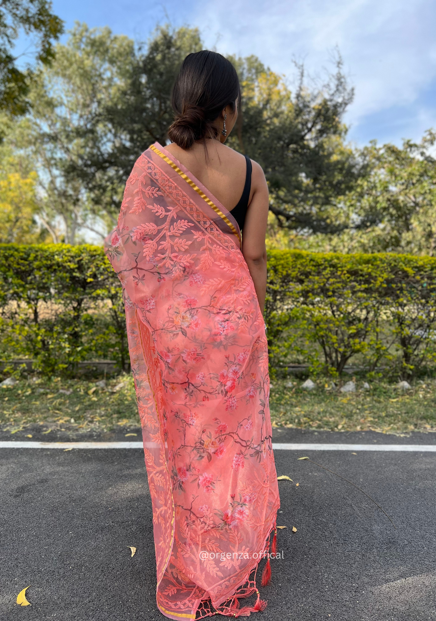 Peach Colour Organza Silk Saree With Thread Work - Orgenza Store