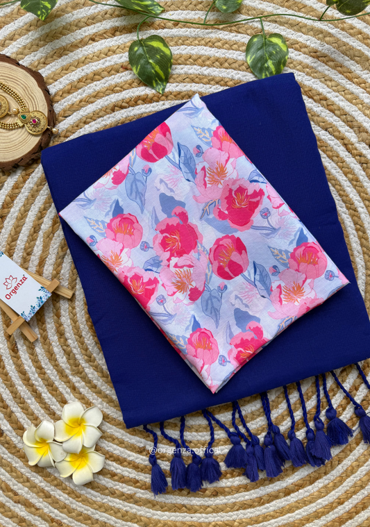 Blue Colour Cotton Saree With Baby Pink Flower Print Blouse