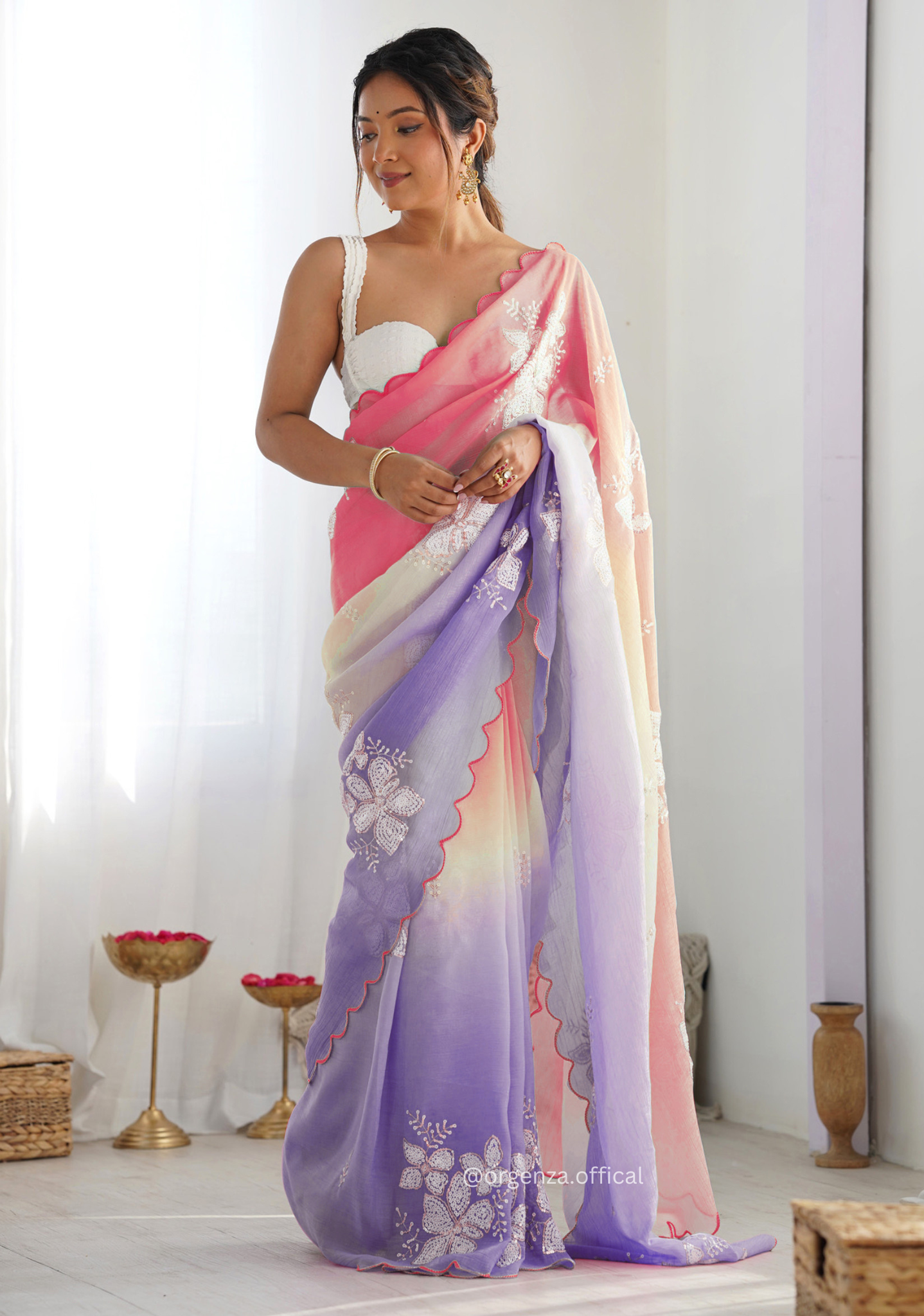 Peach Lavender Gold Crush Silk Saree