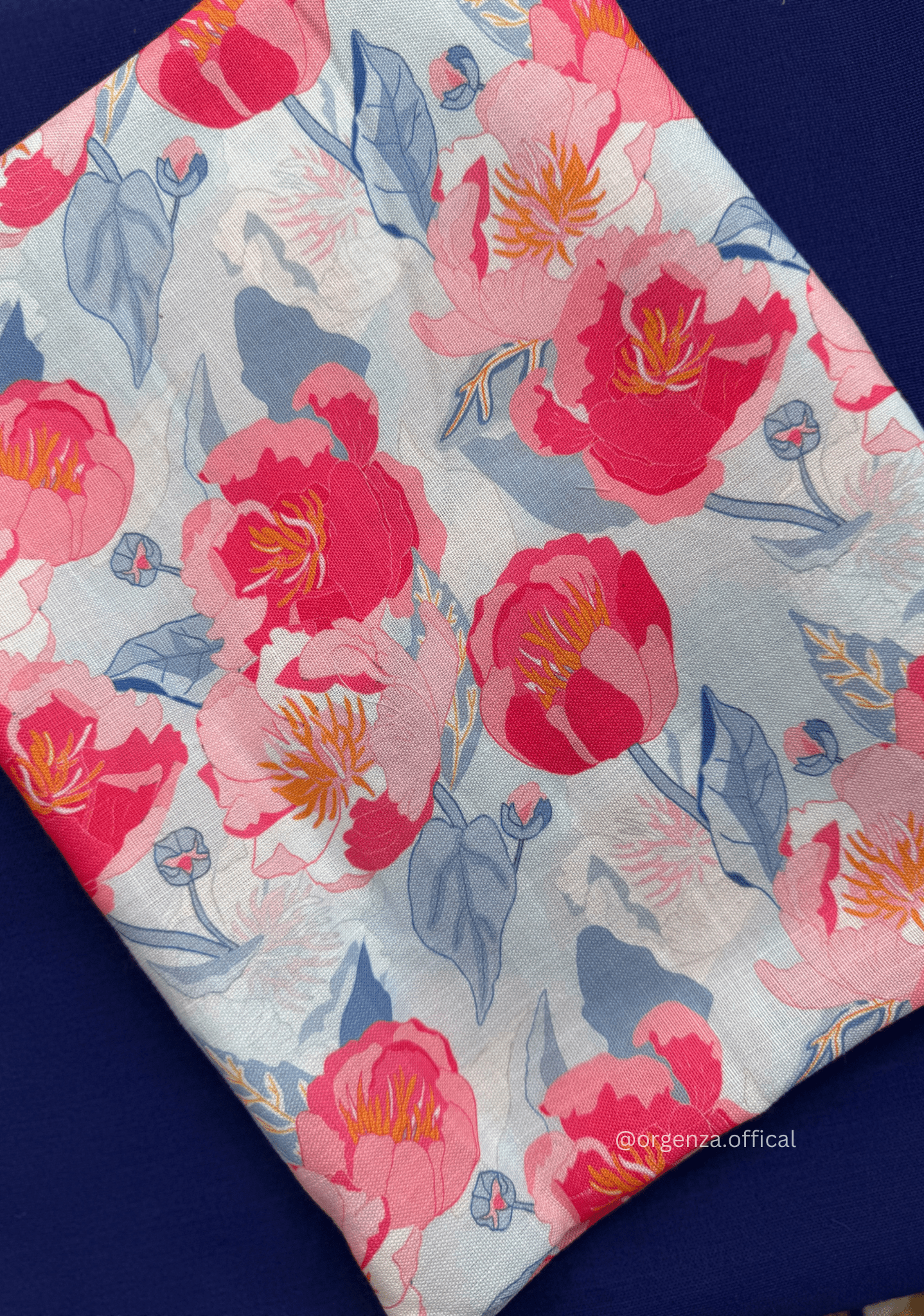 Blue Colour Cotton Saree With Baby Pink Flower Print Blouse - Orgenza Store - digisoch