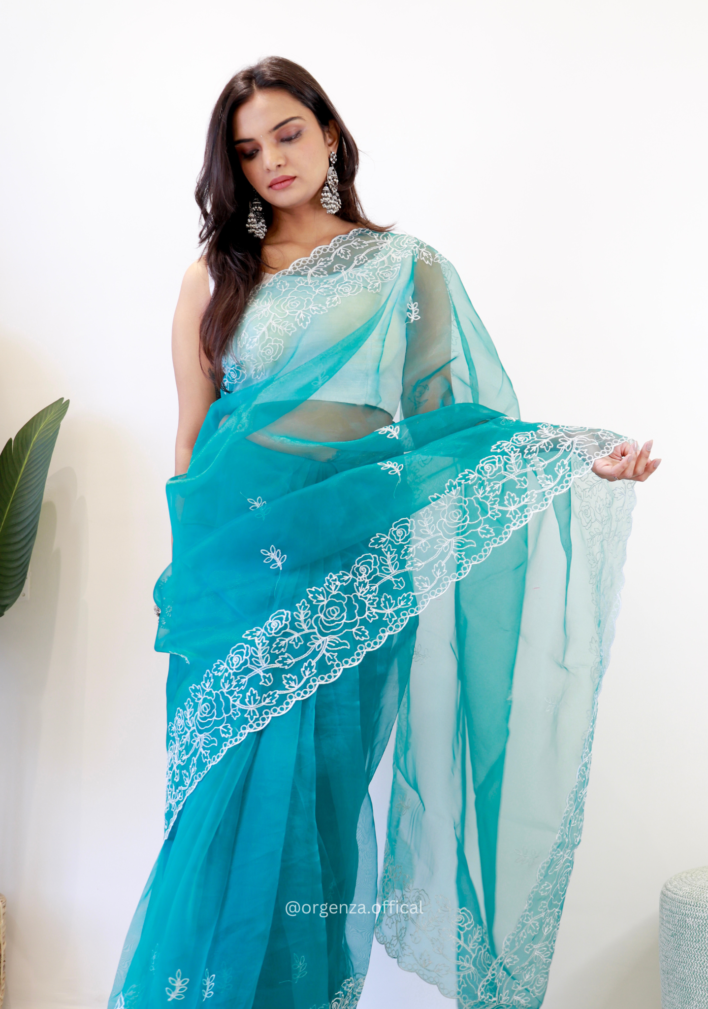 Sky Colour Embroidery Thread Work Saree - Orgenza Store