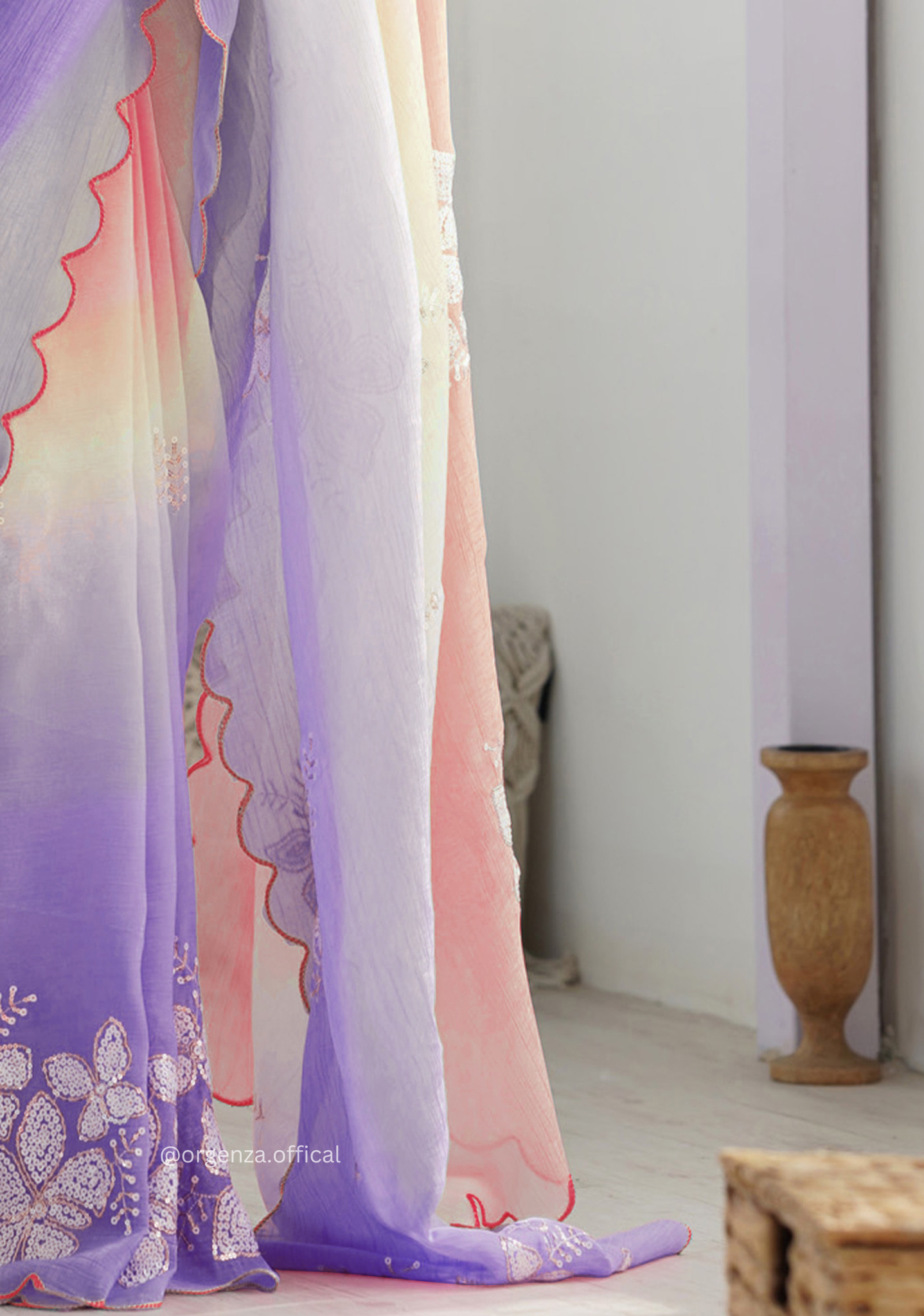 Peach Lavender Gold Crush Silk Saree