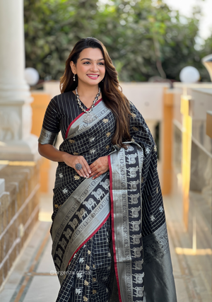 Black Colour Silk Saree With Gold And Silver Zari - Orgenza Store