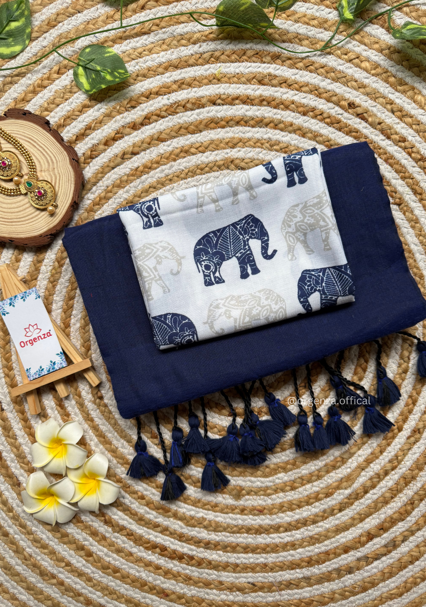 Navy Blue Colour Cotton Saree With Elephant Print Blouse