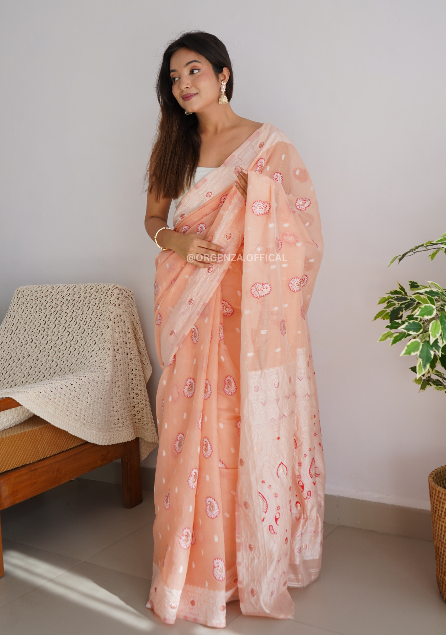 Peach Colour Linen Silk Saree - Orgenza Store