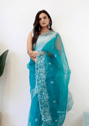 Sky Colour Embroidery Thread Work Saree - Orgenza Store - digisoch