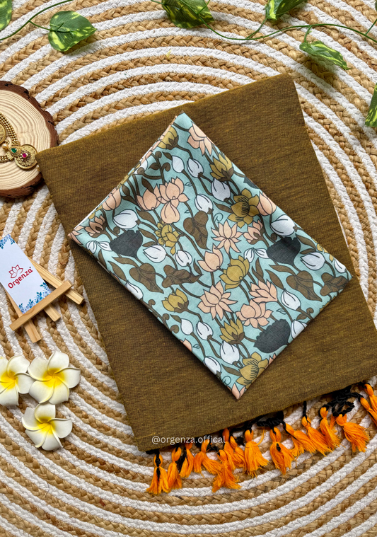 Mustered Yellow Cotton Saree With Flower Print Blouse