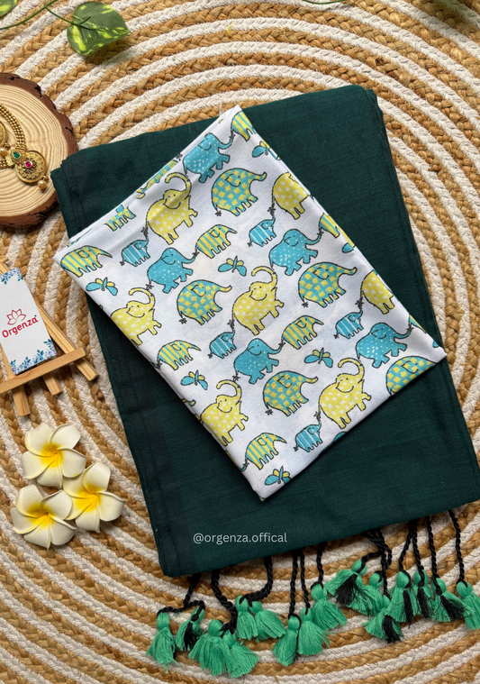 Rama Green Colour Cotton Saree With Little Elephant Print Blouse