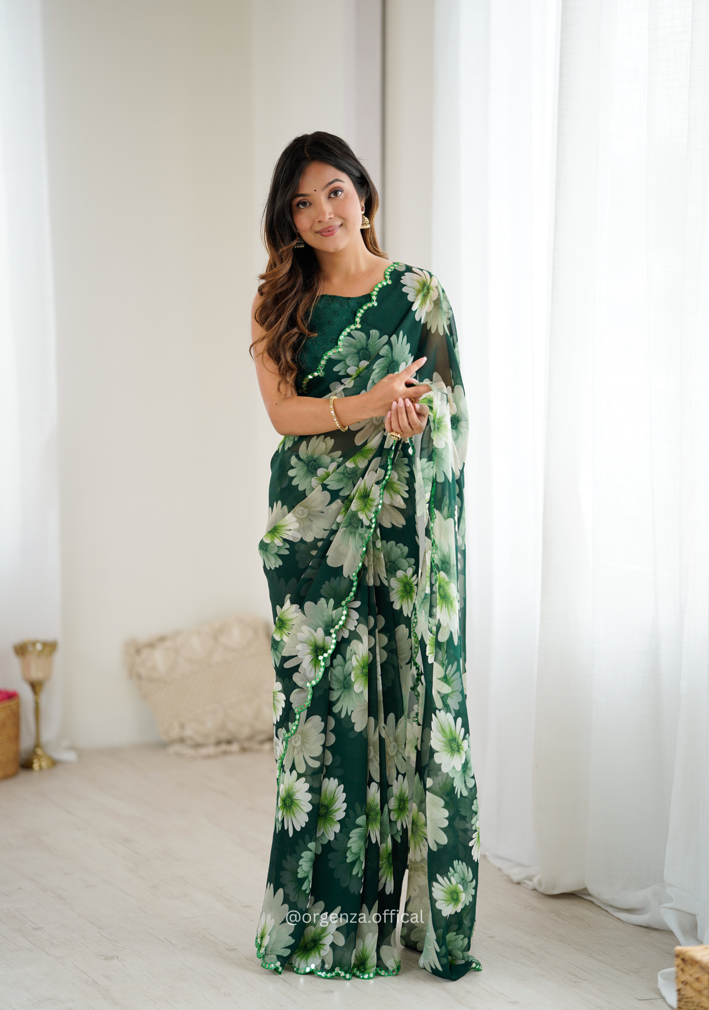 Green Colour Georgette Printed Mirror Saree
