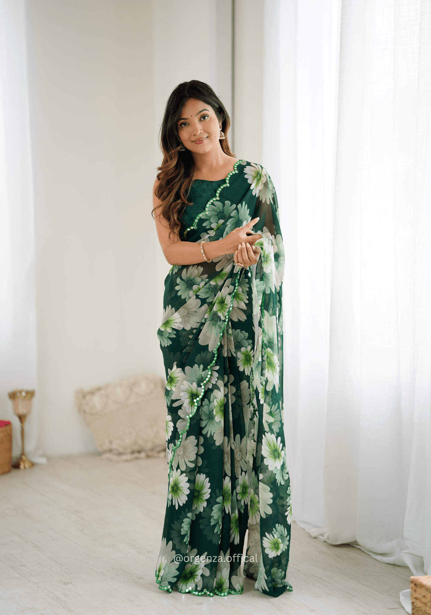 Green Colour Georgette Printed Mirror Saree