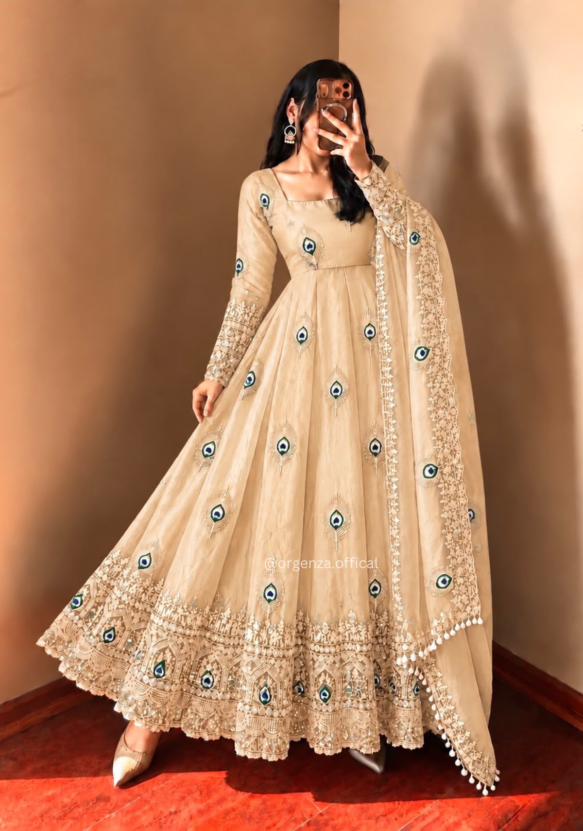 Cream Fendy Silk Sequin Embroidered Gown Set