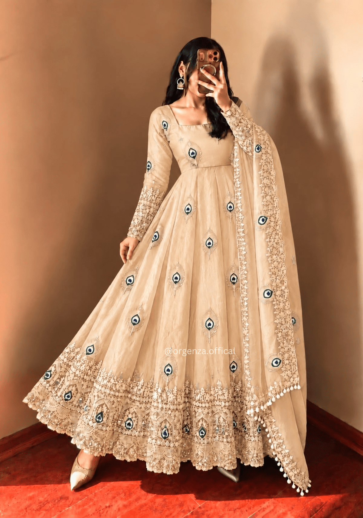 Cream Fendy Silk Sequin Embroidered Gown Set