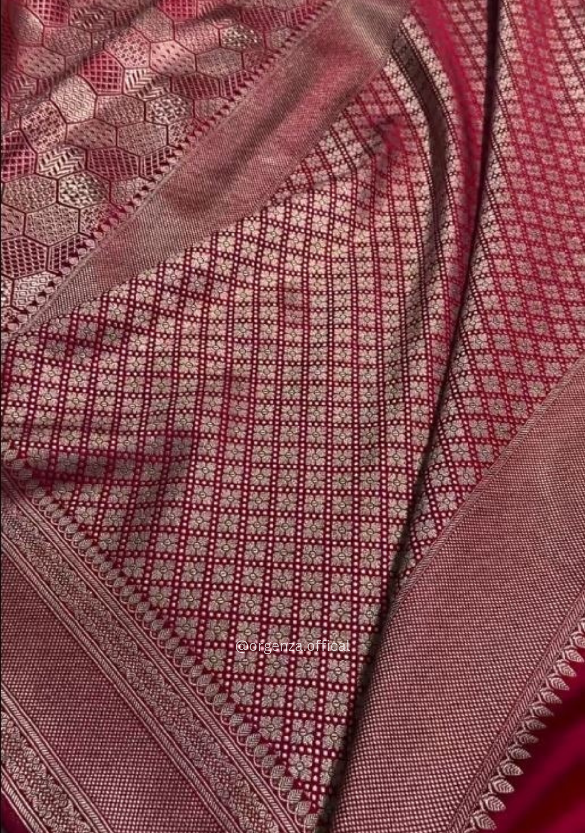 Rose Red Banarasi Satin Saree with Golden Zari Weaving