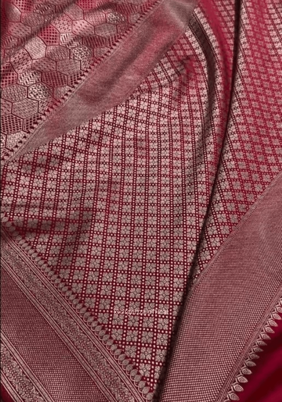 Rose Red Banarasi Satin Saree with Golden Zari Weaving
