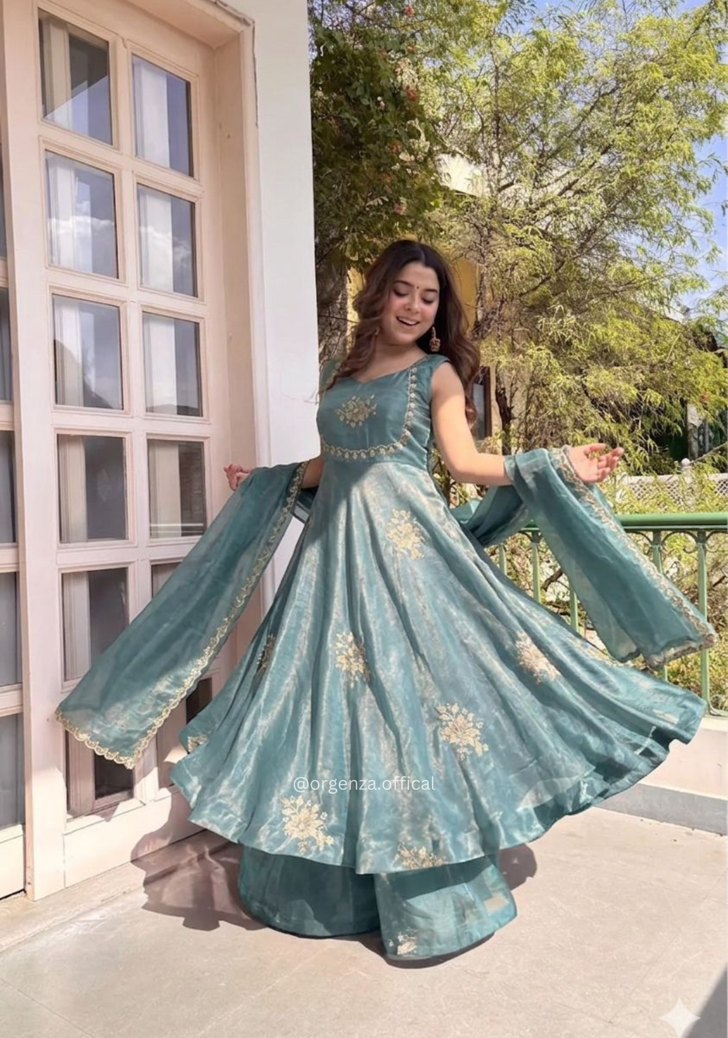 Sea Green Fendi Satin Party Wear Gown Set