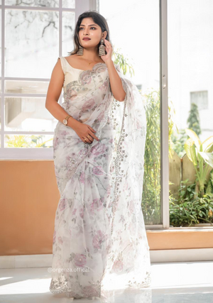 White Organza Saree With Sequences Work - Orgenza Store