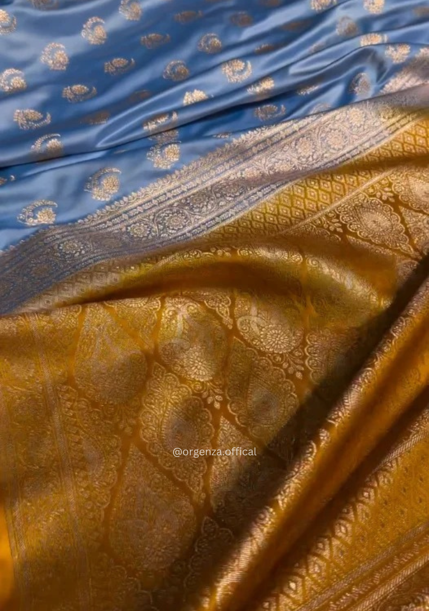 Powder Blue Banarasi Satin Saree with Golden Zari Weaving