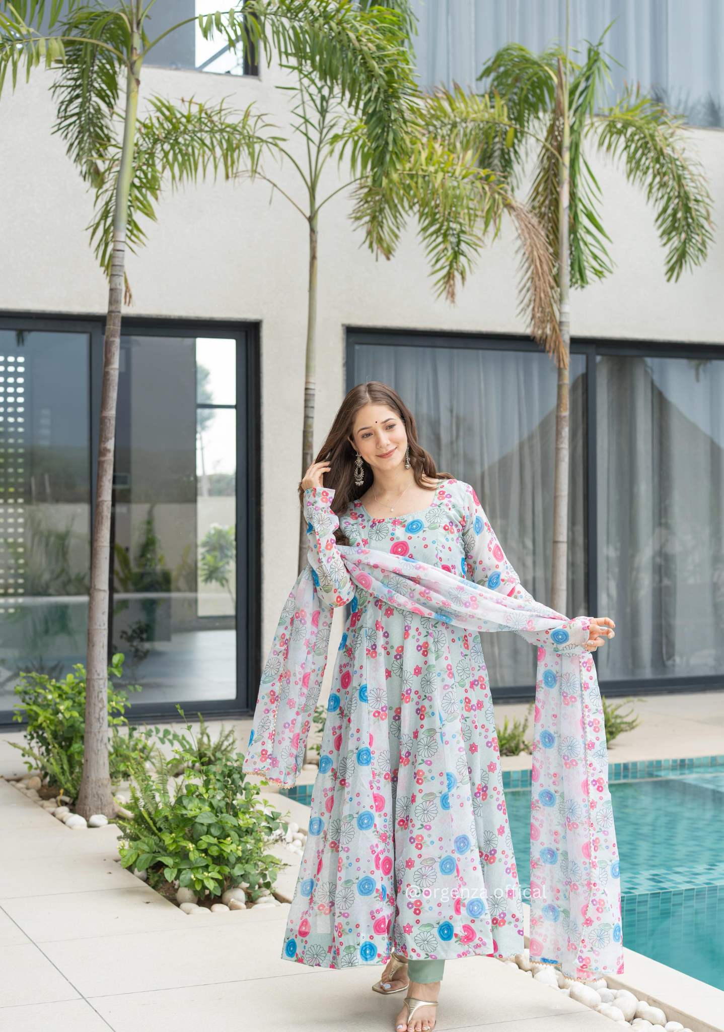 Multi Colour Pure Organza Silk Floral Anarkali Kurtis