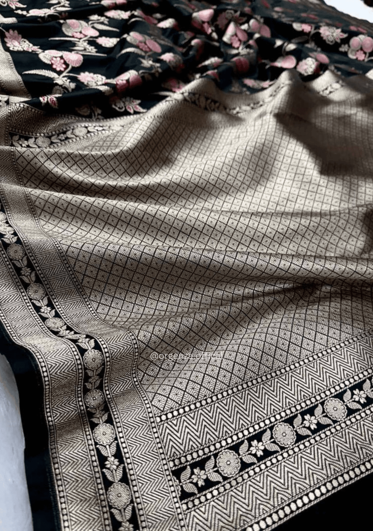 Black Banarasi Satin Saree with Silver Zari Weaving