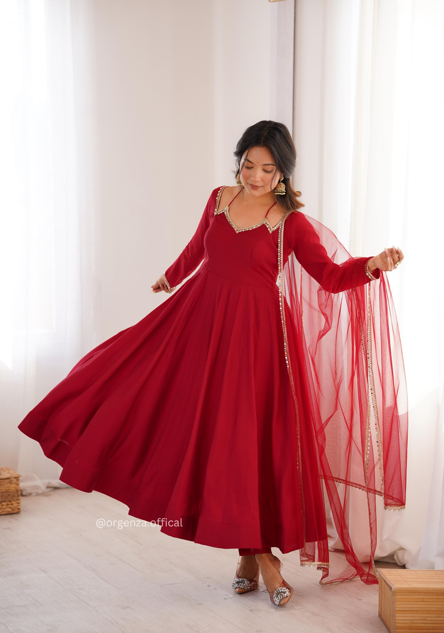 Pure Roman Silk Chanderi Fully Flared Anarkali Suit Set with Dupatta & Pant – Ready to Wear