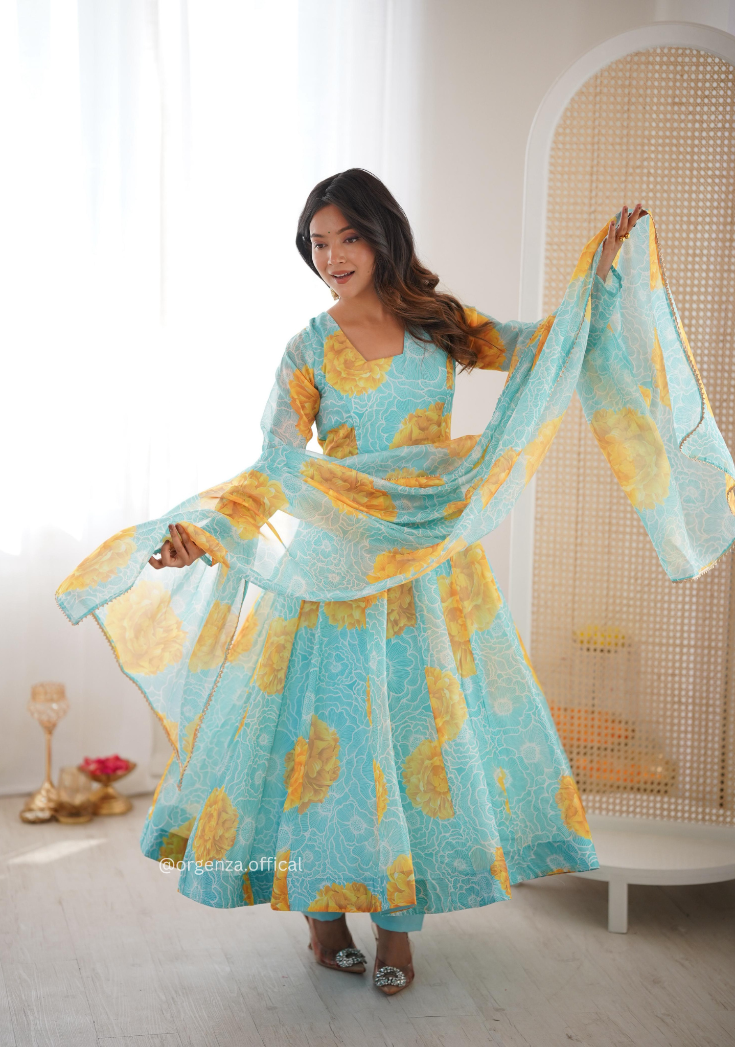 Sunkissed Floral Print Organza Suit Set with Dupatta & Pant – Ready to Wear