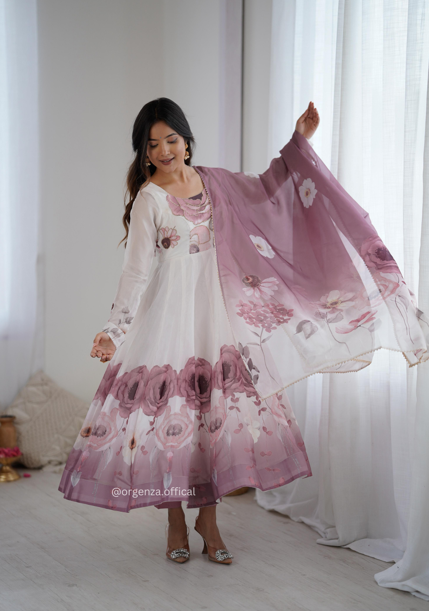 Onion Pink Colour Organza Anarkali Kurti Set