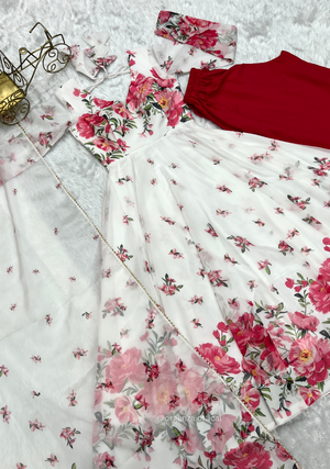 White Floral Organza Anarkali With Dupatta Set - Orgenza Store