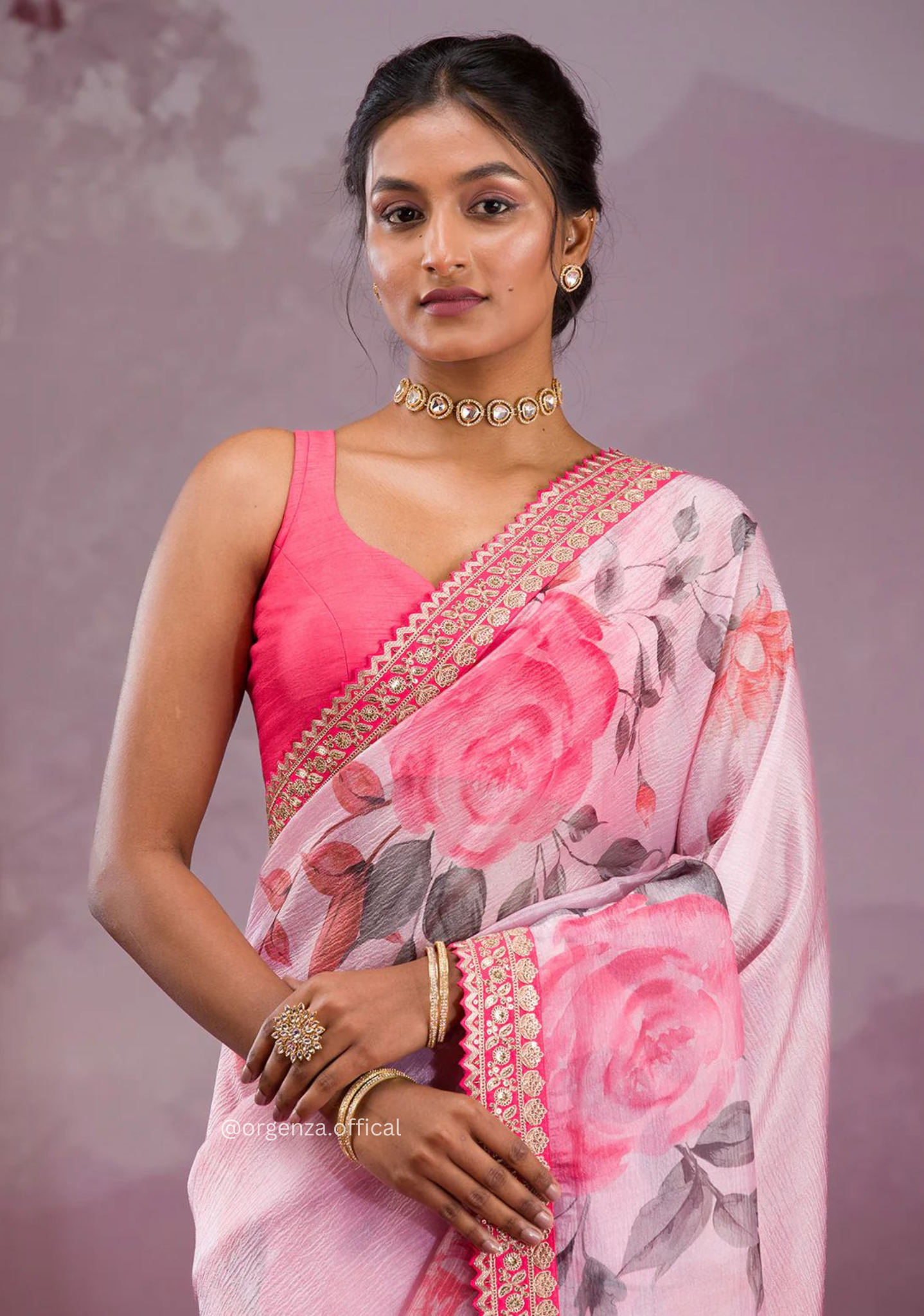 Pink Colour Chinnon Silk Saree