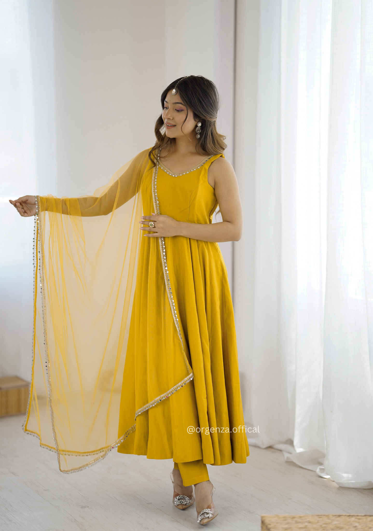 Yellow Colour Roman Silk Chanderi Plain Anarkali Kurti