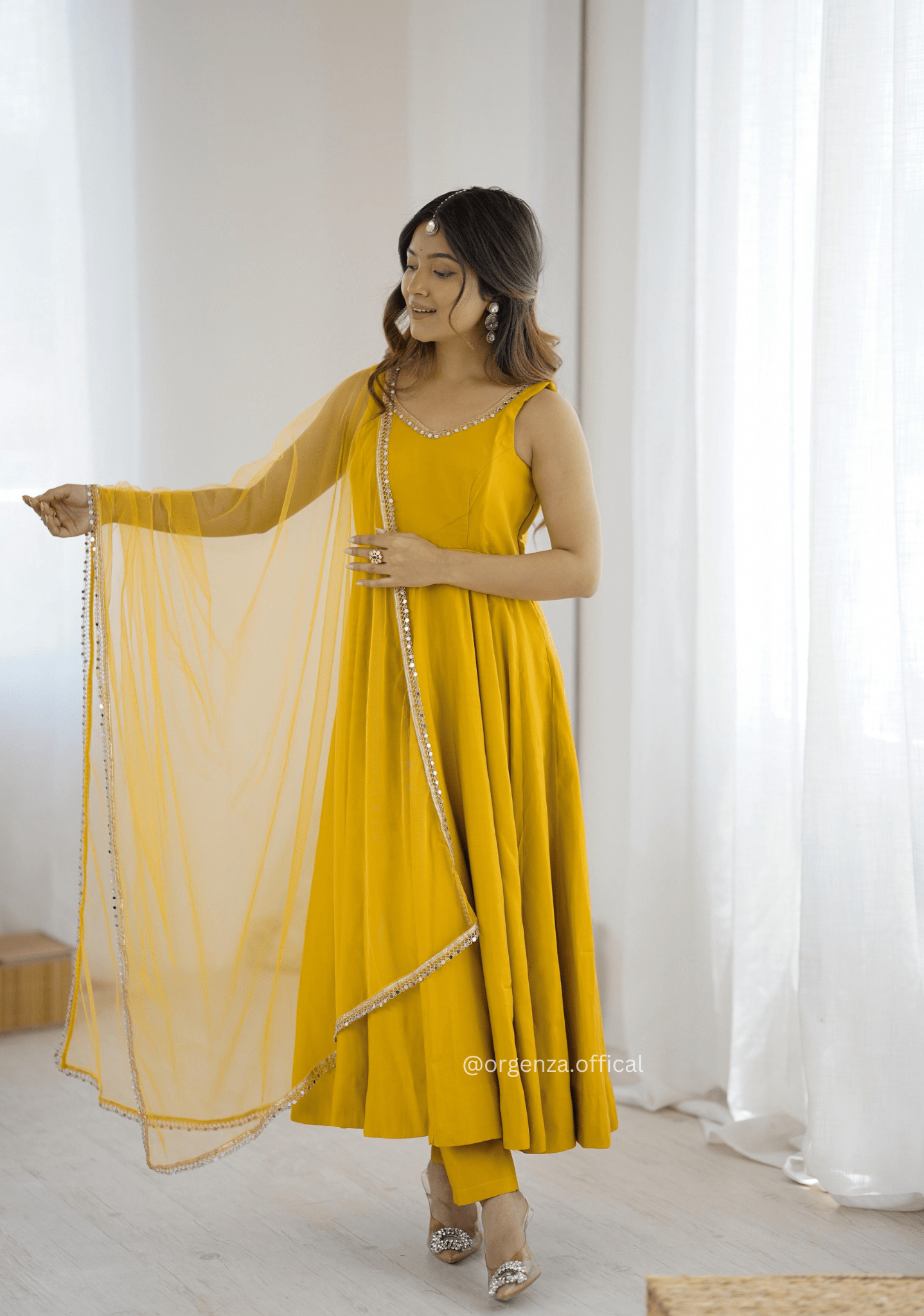 Yellow Colour Roman Silk Chanderi Plain Anarkali Kurti - Orgenza Store - digisoch