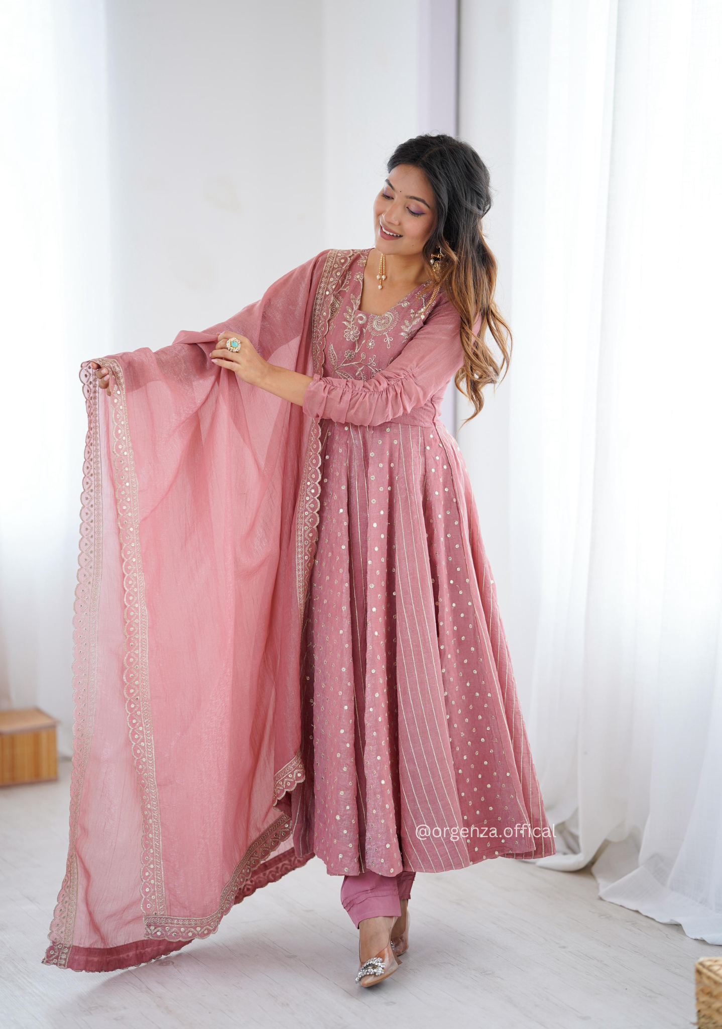 Peach Colour Crunchy Silk Anarkali Kurti