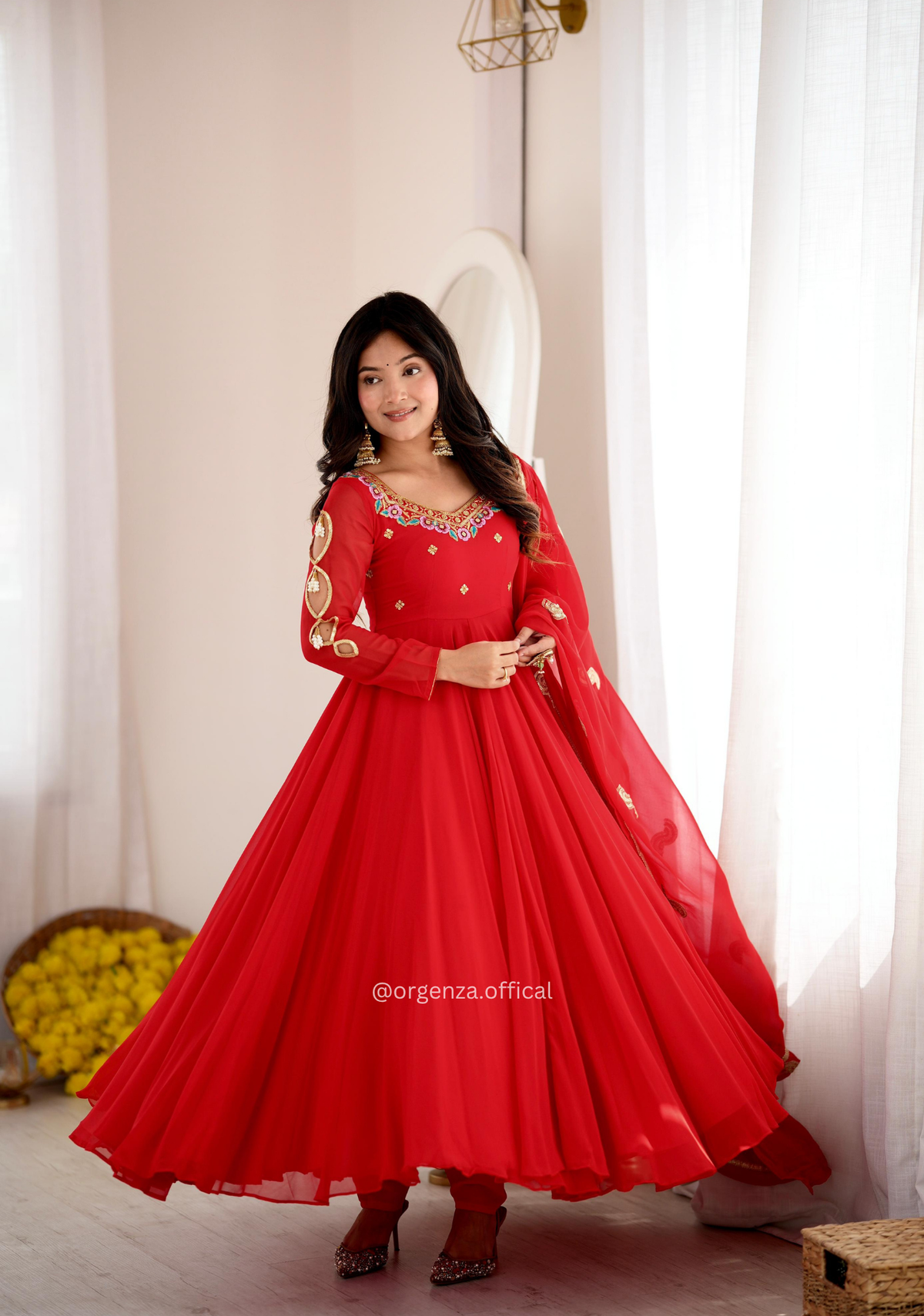 Red Faux Georgette Embroidered Gown Set