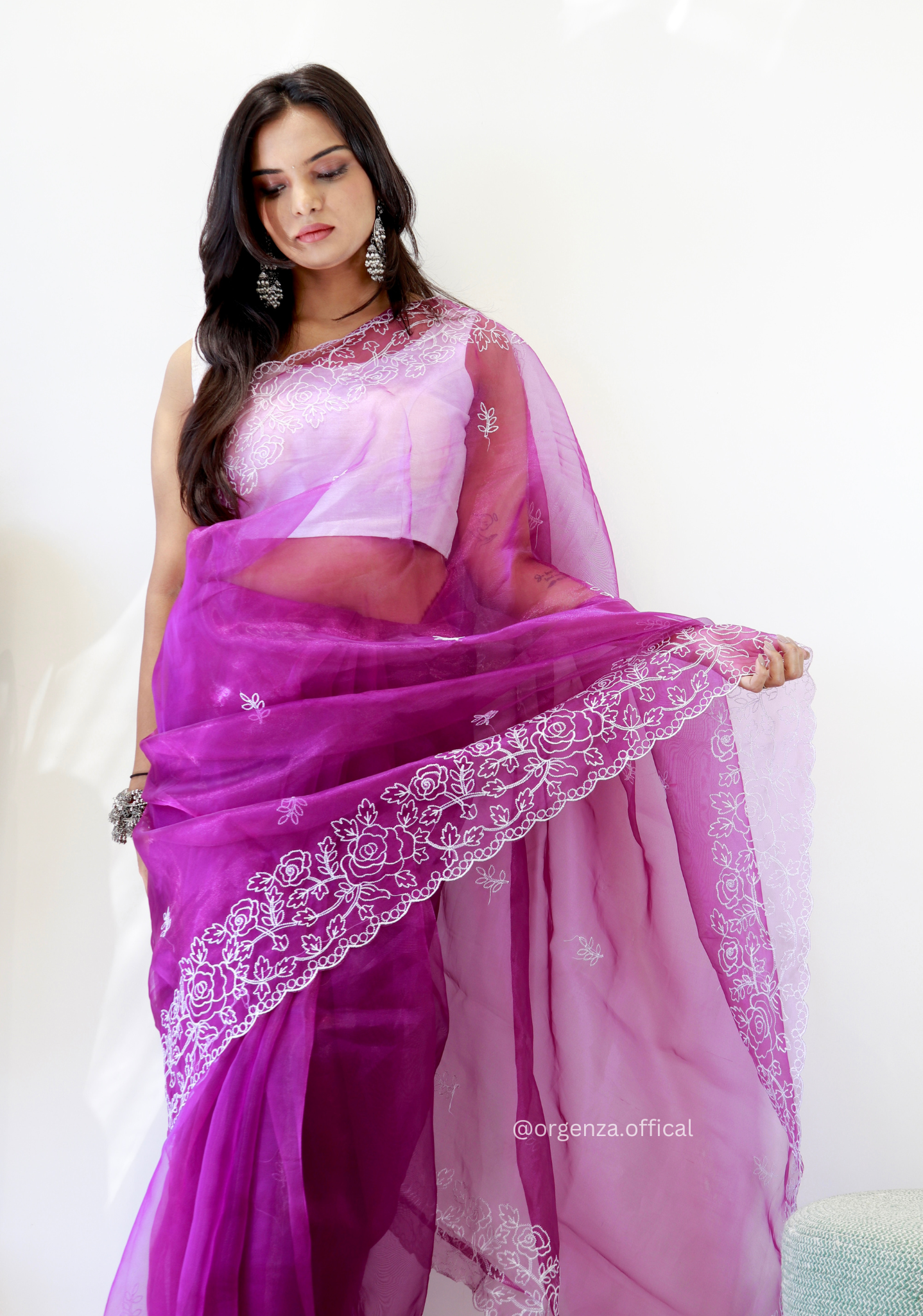 Lavender Colour Embroidery Thread Work Saree - Orgenza Store