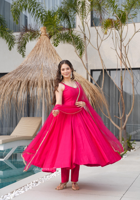 Pink Colour Roman Silk Chanderi Plain Anarkali Kurti - Orgenza Store