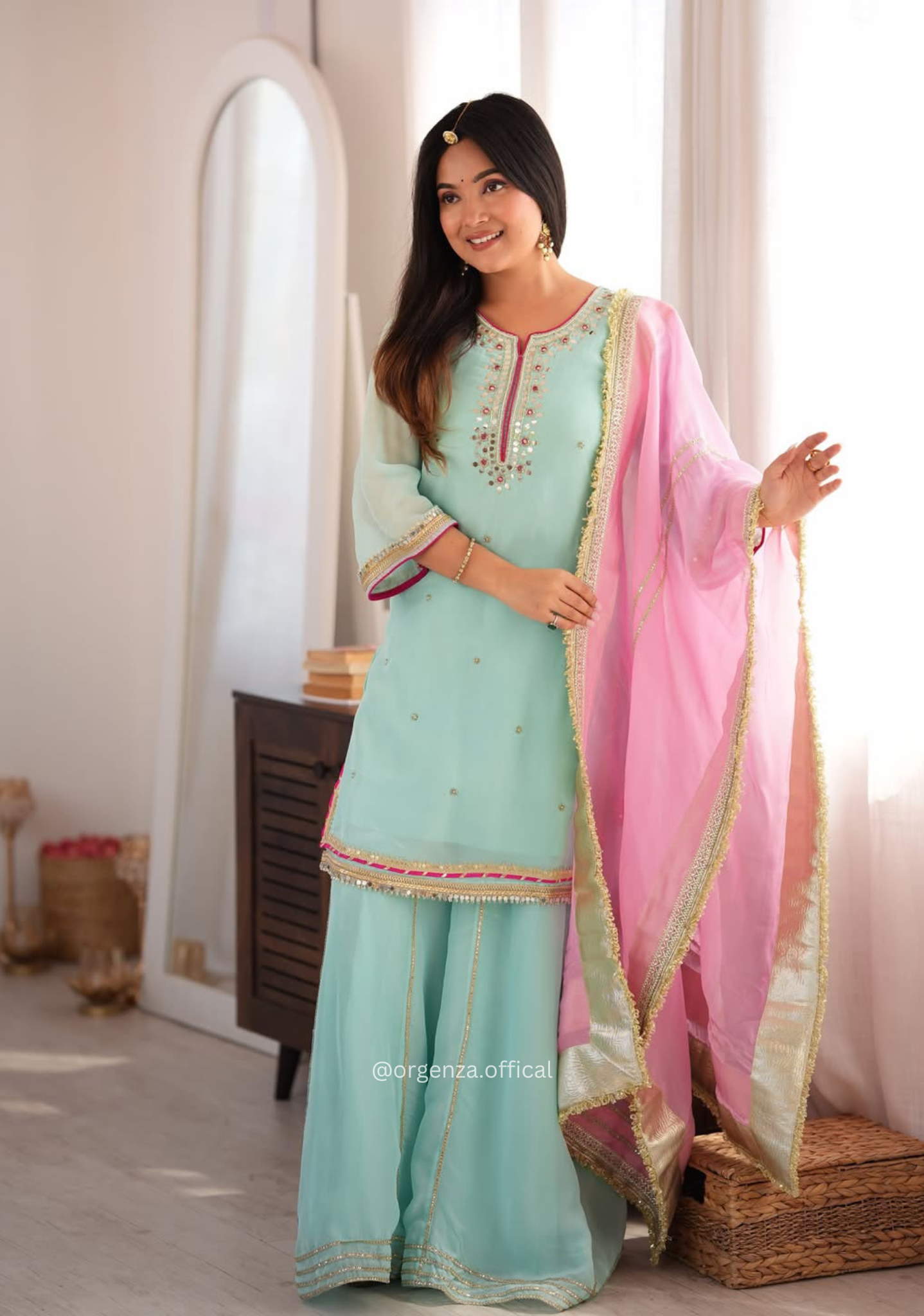 Light Sea Green Designer Chinon Silk Sharara Suit Set