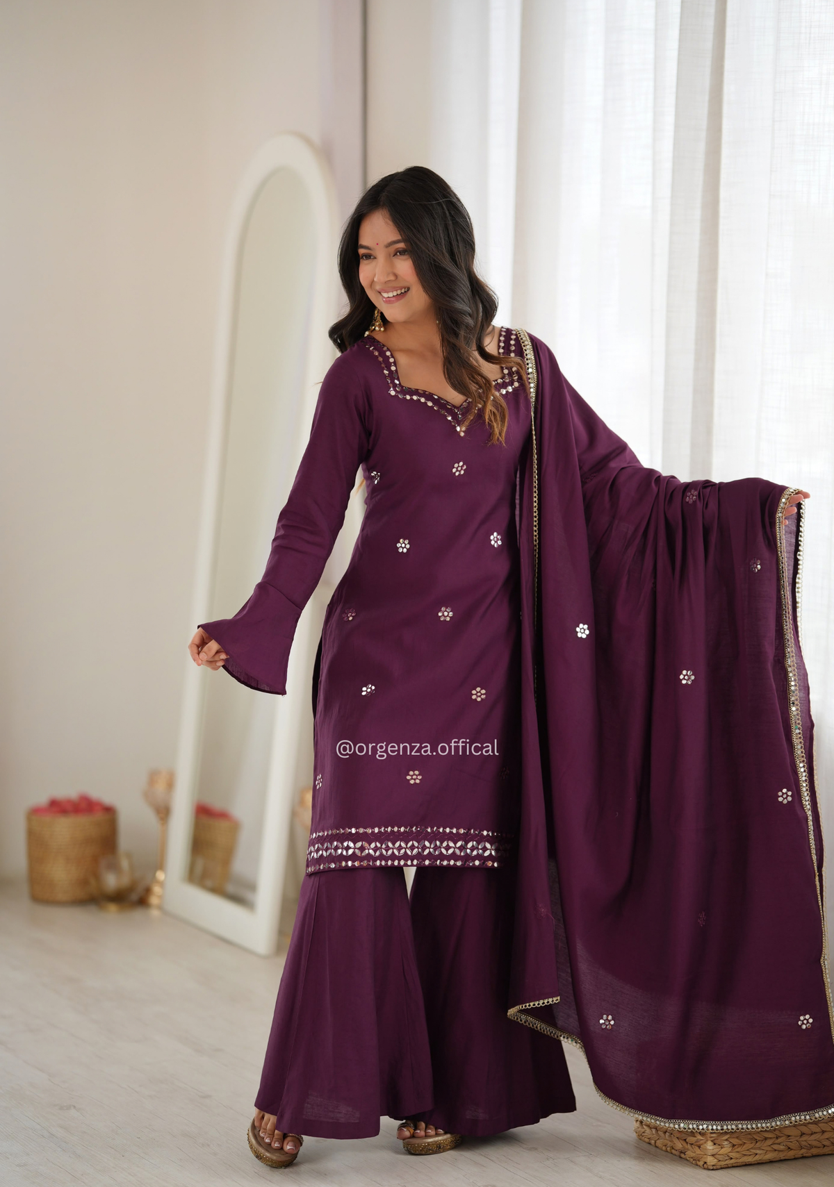 Wine Purple Roman Silk Foil Work Designer Palazzo Set