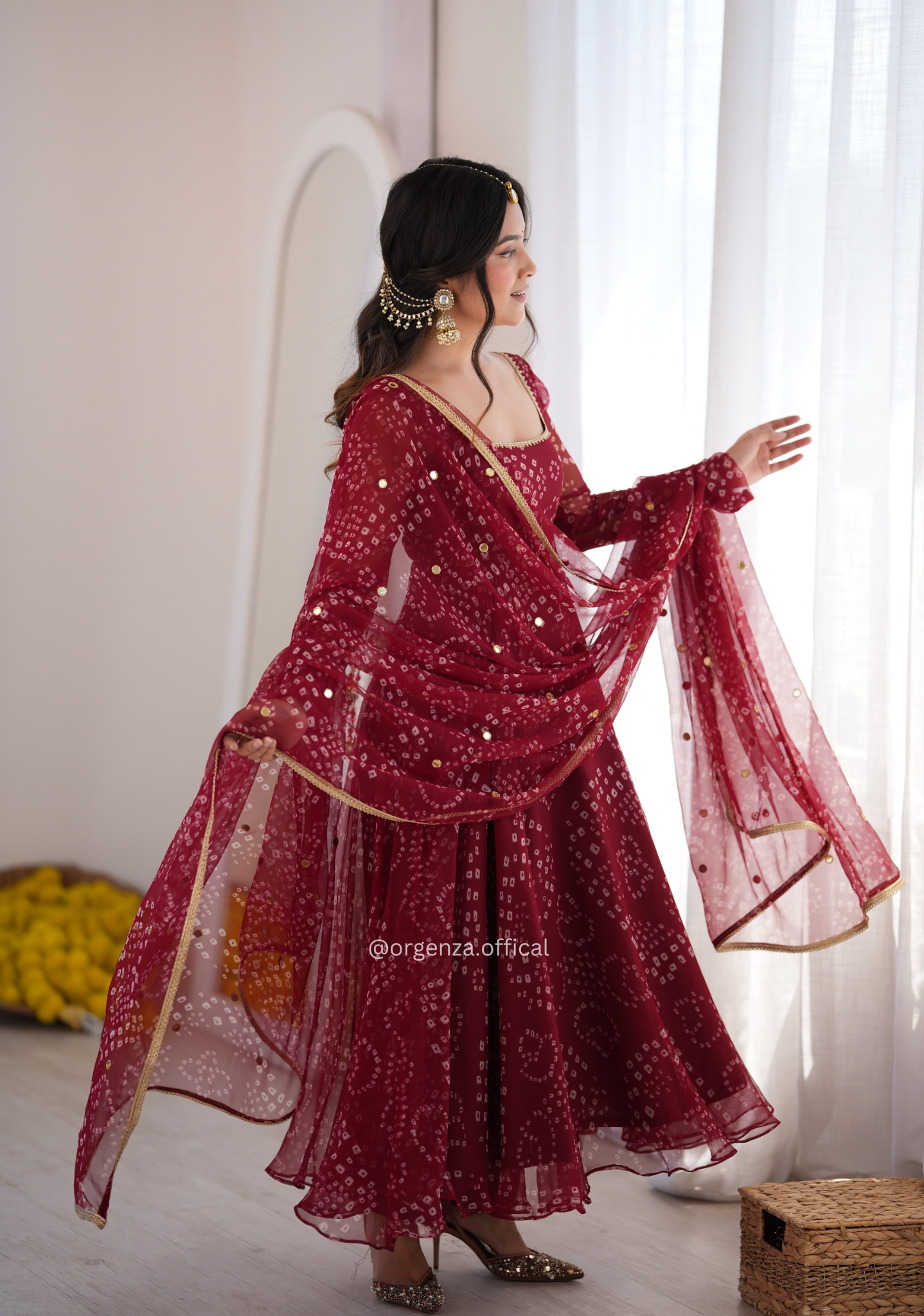 Maroon Faux Georgette Digital Print Gown Set