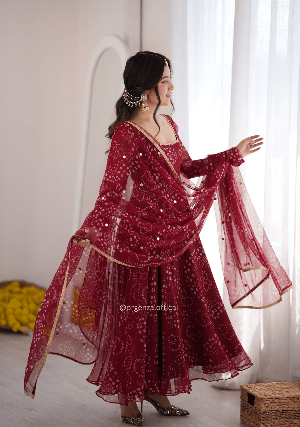 Maroon Faux Georgette Digital Print Gown Set