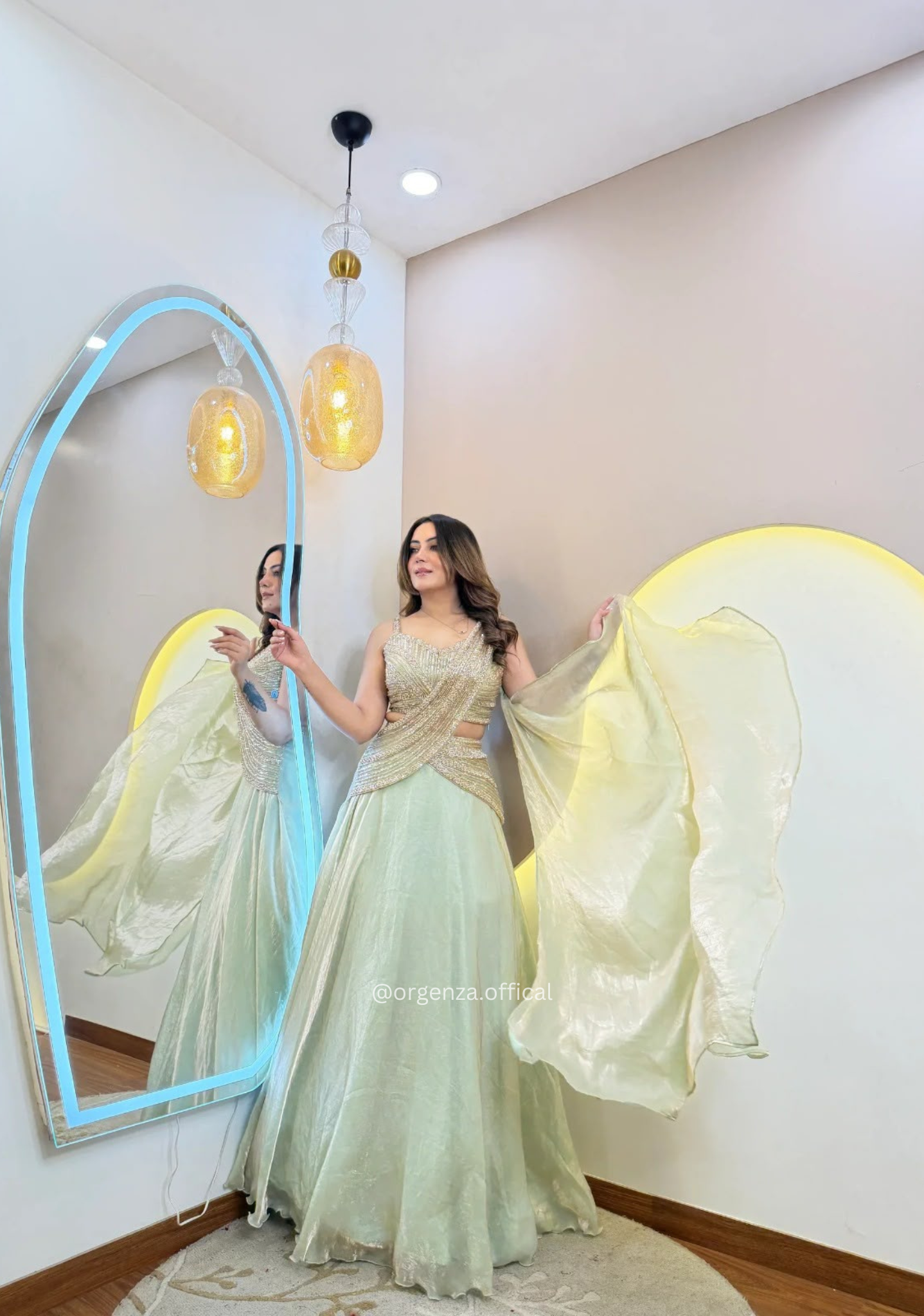 Mint Green Fandy Organza Handwork Lehenga Set with Draped Dupatta