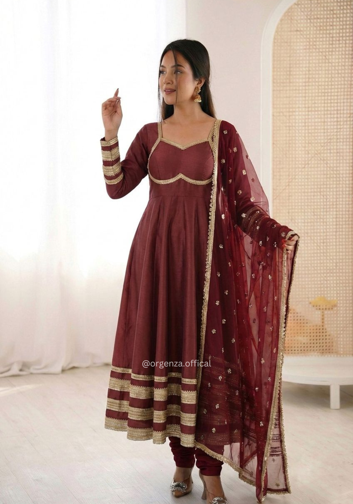 Maroon Elegant Cosmos Gold Heavy Lace Work Anarkali Suit Set