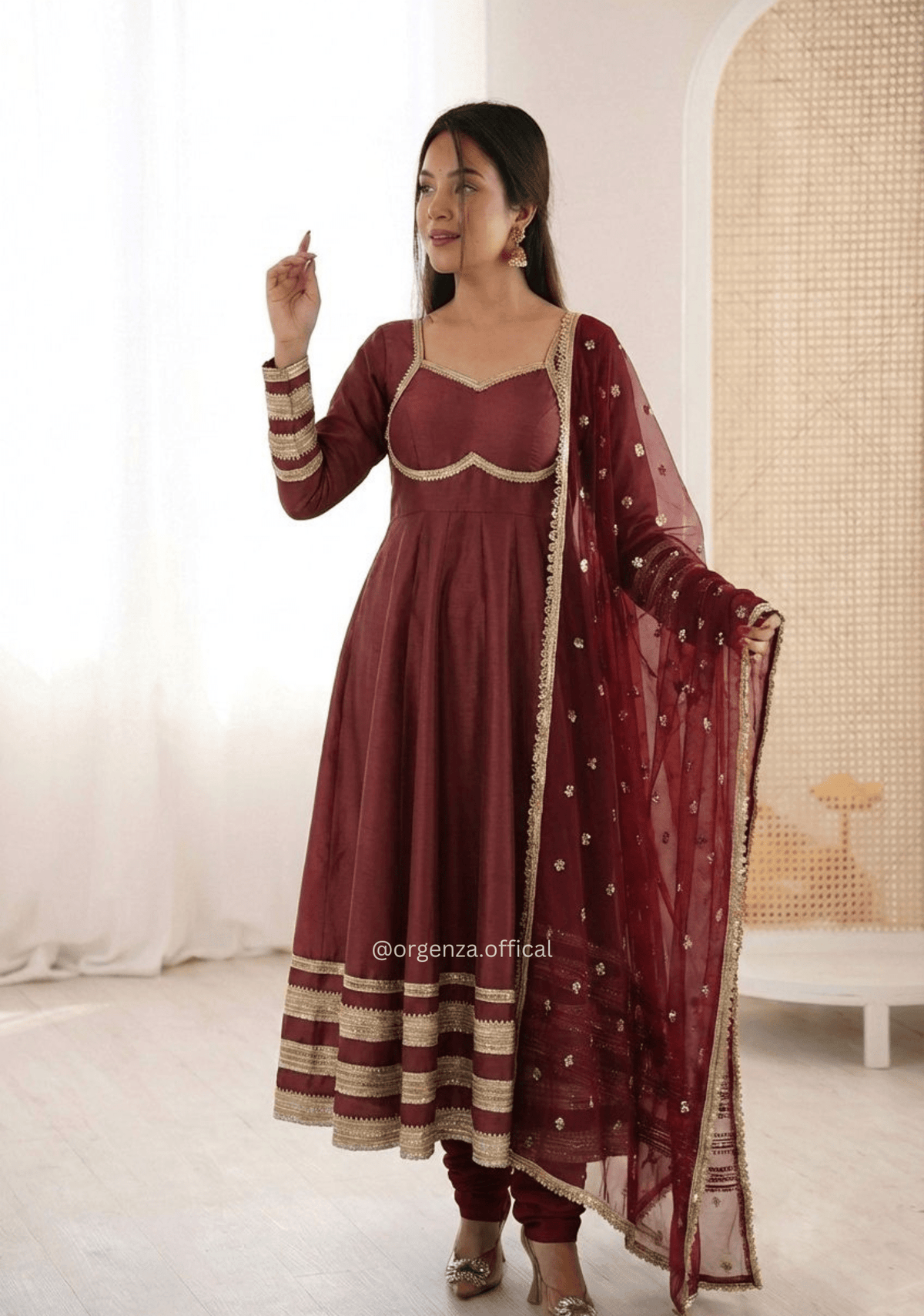 Maroon Elegant Cosmos Gold Heavy Lace Work Anarkali Suit Set